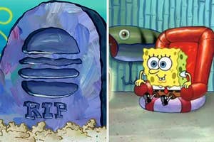 An image split into two panels. Left: A tombstone inscribed with "RIP." Right: SpongeBob SquarePants sitting comfortably in a red chair