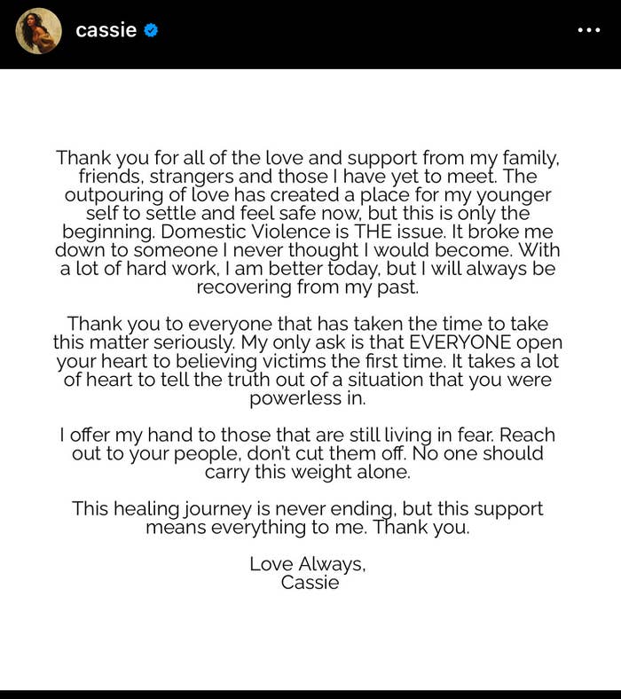 Cassie thanks friends and supporters for their love during her journey through domestic violence recovery, urging all to support victims and promote awareness