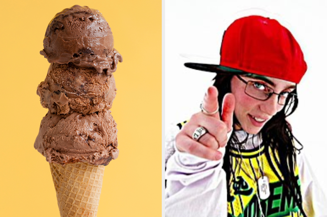 Chocolate ice cream cone and a person with long dark hair, glasses, a red cap, and casual clothing pointing their finger