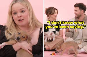 Nicola Coughlan, Luke Newton, and Claudia Jessie playing with puppies