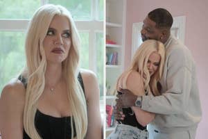 Khloé Kardashian looks displeased in a split image; on the right, she hugs Tristan Thompson in a cozy room