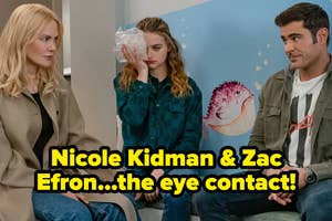 Nicole Kidman, a girl with an ice pack on her eye, and Zac Efron sit on a couch; text reads, "Nicole Kidman & Zac Efron...the eye contact!"