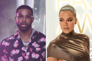 Tristan Thompson in a floral shirt and chain necklace, Khloé Kardashian in an elegant metallic, high-neck gown