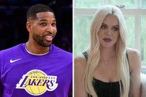 Tristan Thompson wearing a Los Angeles Lakers jersey on the left and Khloe Kardashian in a black top on the right