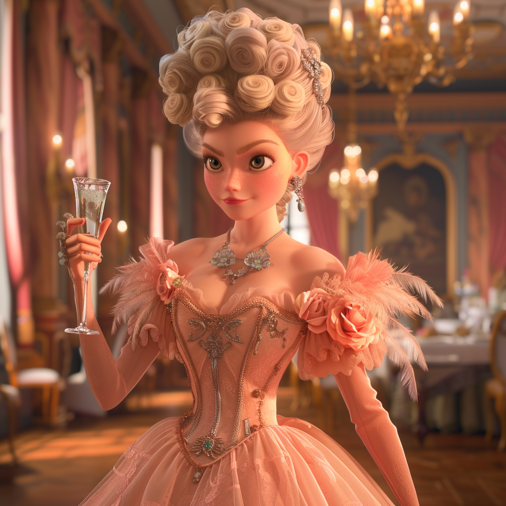 Cressida in Pixar style, dressed in a lavish, historical gown with intricate details and holding a champagne glass, stands in a richly decorated room