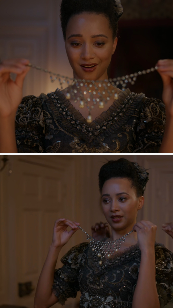 Alice admires a pearl and diamond necklace then gets help putting it on