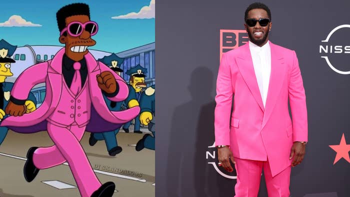 Sean &quot;Diddy&quot; Combs in a pink suit at the BET Awards 2022, juxtaposed with a Simpsons character also in a pink suit