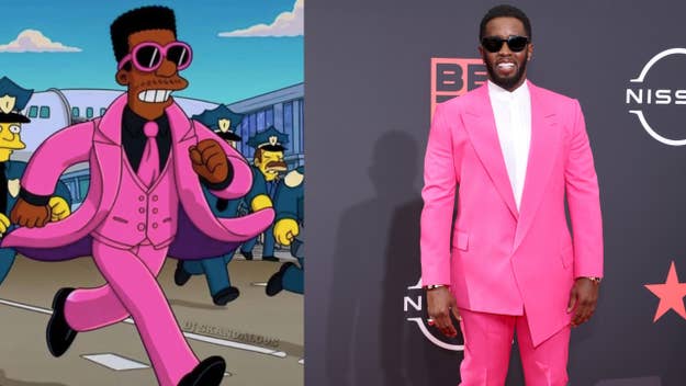 Sean "Diddy" Combs in a pink suit at the BET Awards 2022, juxtaposed with a Simpsons character also in a pink suit