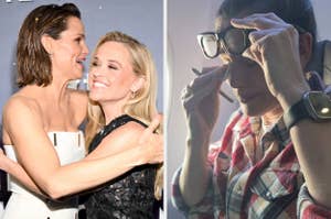 Left: Jennifer Garner in a strapless white dress and Reese Witherspoon in a black dress hugging. Right: Woman in plaid shirt adjusting her glasses