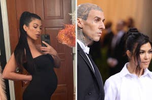 Kourtney Kardashian in a mirror selfie showing her baby bump and with Travis Barker on the red carpet, he in a suit and she in a chic outfit with an undone bowtie