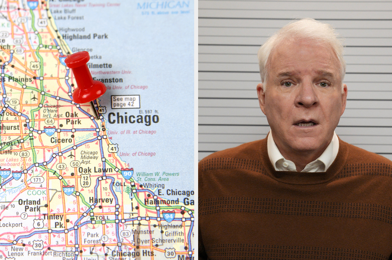 A map of Chicago with a red pushpin marking a location is on the left. Actor Steve Martin stands against a striped background on the right