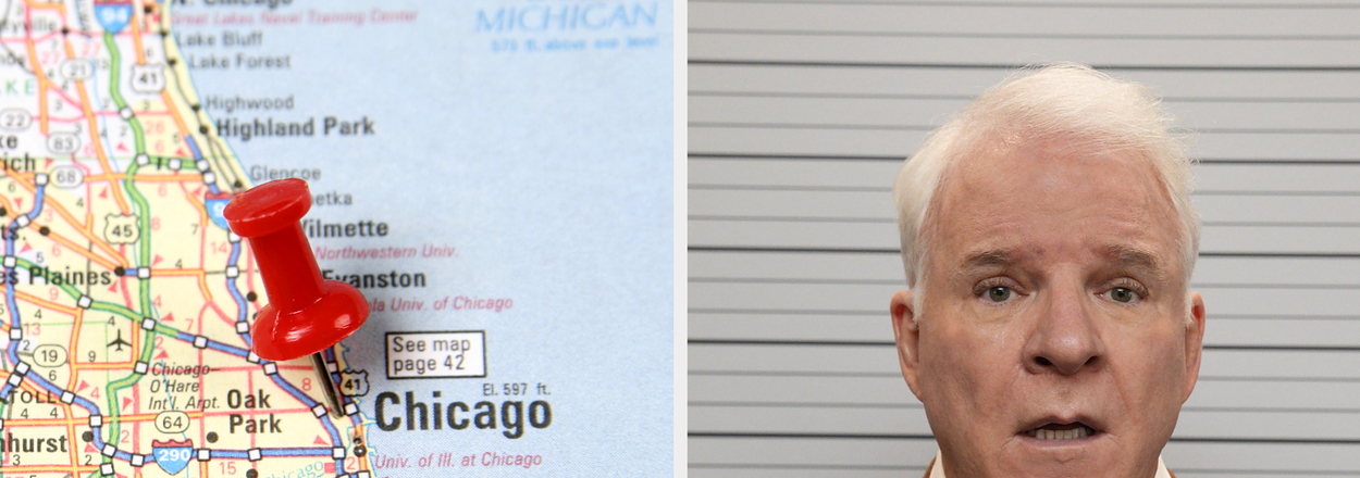 A map of Chicago with a red pushpin marking a location is on the left. Actor Steve Martin stands against a striped background on the right