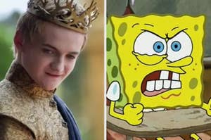 Jack Gleeson as Joffrey Baratheon in ornate royal clothing and crown alongside an excited SpongeBob SquarePants with a fierce expression