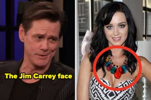 Jim Carrey making a funny expression on the left with the quote "The Jim Carrey face"; Katy Perry on the right smiling, wearing a chunky multicolored statement necklace that is circled