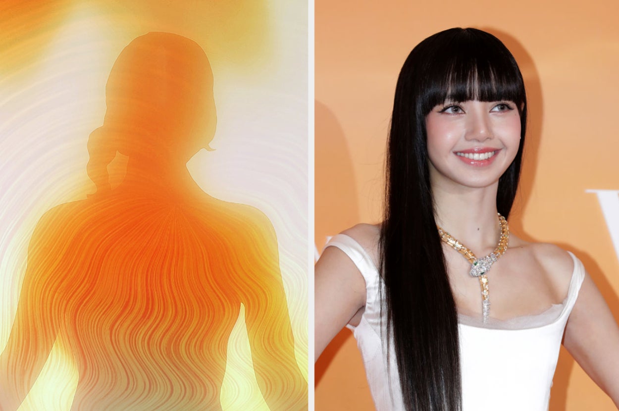 On the left, a silhouette of a person; on the right, Lisa from Blackpink in an elegant white dress and statement necklace, smiling on a red carpet