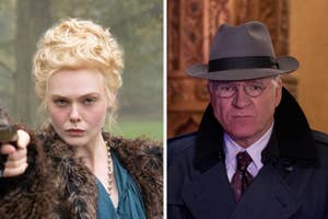 Elle Fanning in a period costume holding a pistol, next to Steve Martin wearing a trench coat and fedora