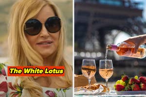 Jennifer Coolidge from "The White Lotus" wearing sunglasses, next to a hand pouring rosé wine into glasses near the Eiffel Tower