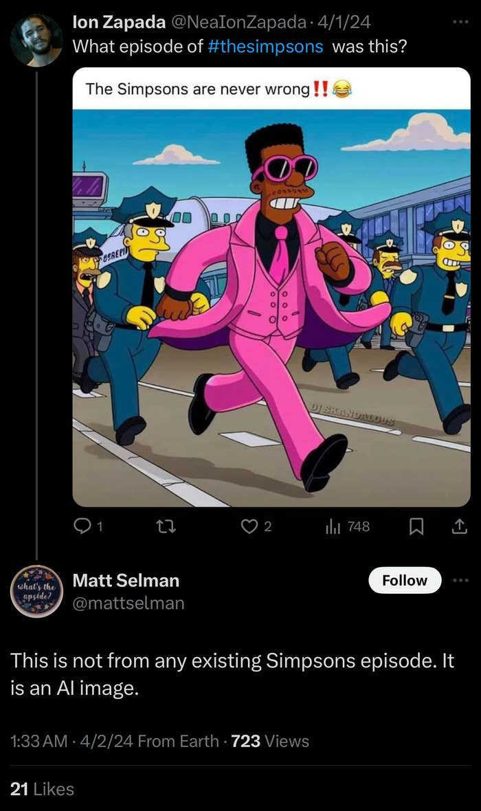 An AI-generated image of a character resembling Kanye West in a suit and sunglasses, chased by police in a scene styled like &quot;The Simpsons.&quot;