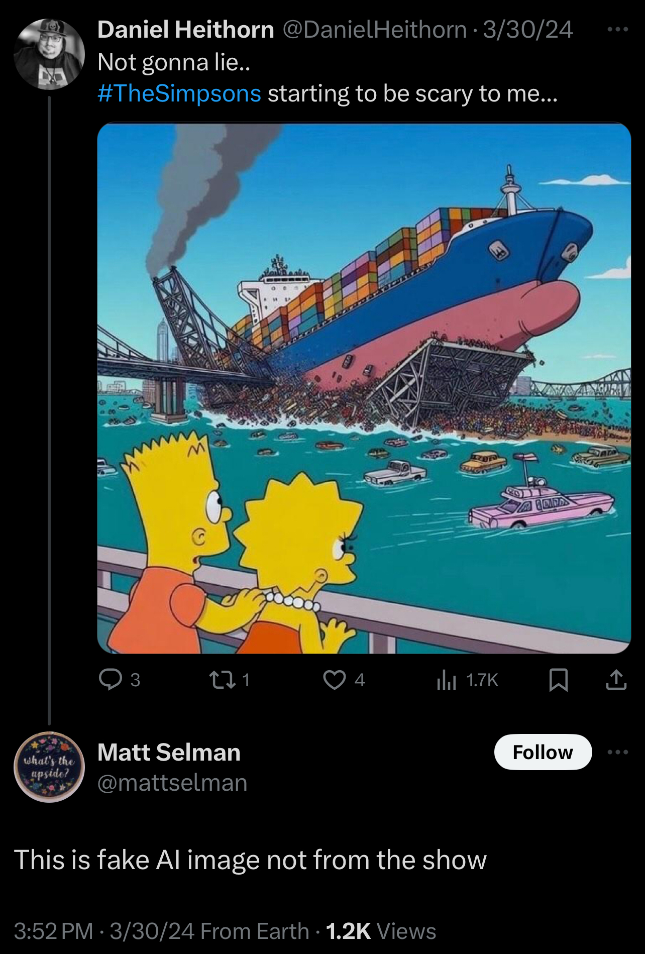 A tweet from Daniel Heithorn showing a cartoon with a ship crashing into a bridge, saying &quot;#TheSimpsons starting to be scary to me...&quot;. Matt Selman replies, &quot;This is fake AI image not from the show&quot;