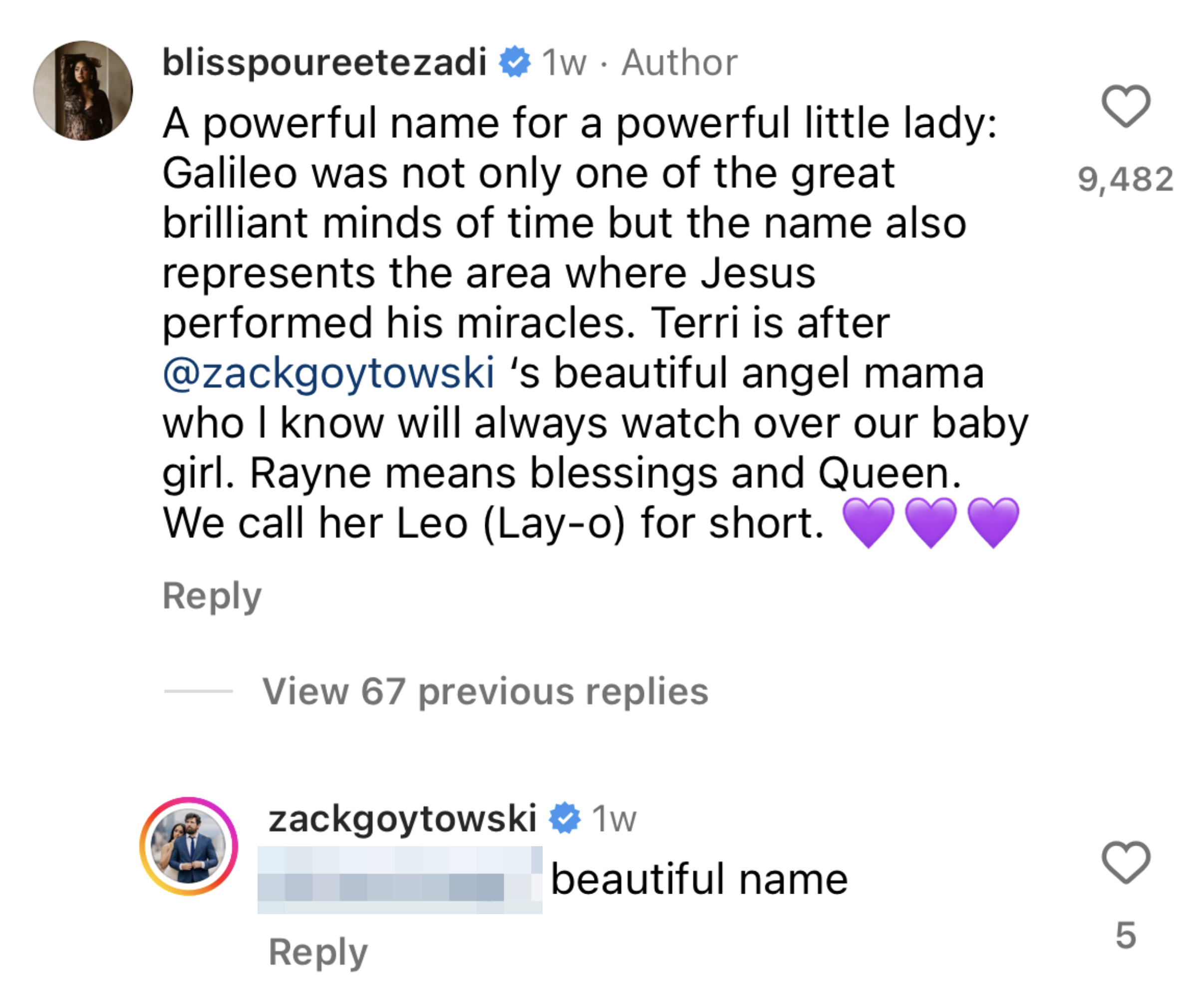 A user named blisspoureetzadi comments, "A powerful name for a powerful little lady…" about Galileo and mentions @zackgoytowski. Another user (@zackgoytowski) responds, "beautiful name."