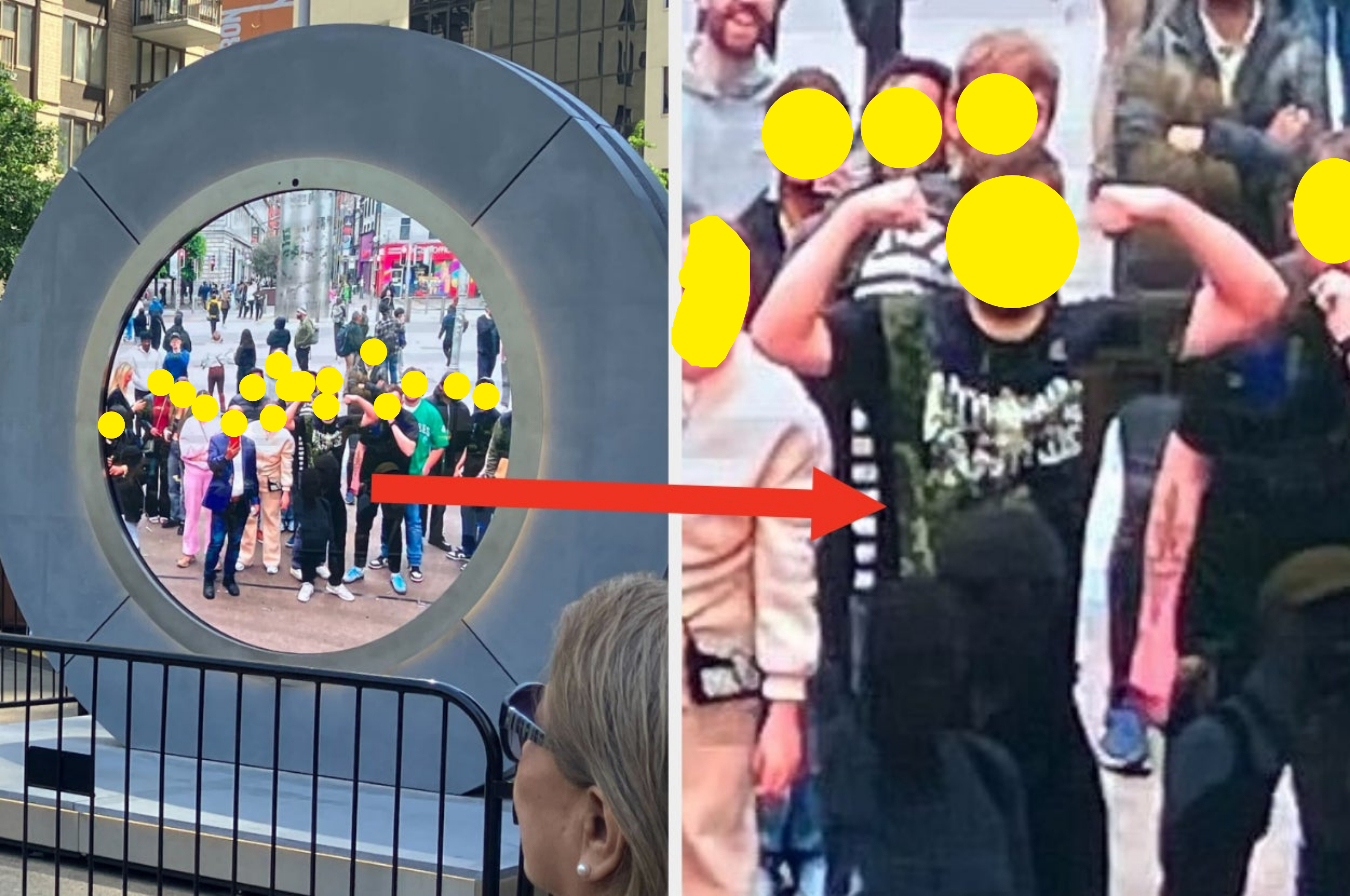 Two side-by-side images of a crowd of people posing with a circular structure. The right image highlights a man flexing his arms in a dark shirt