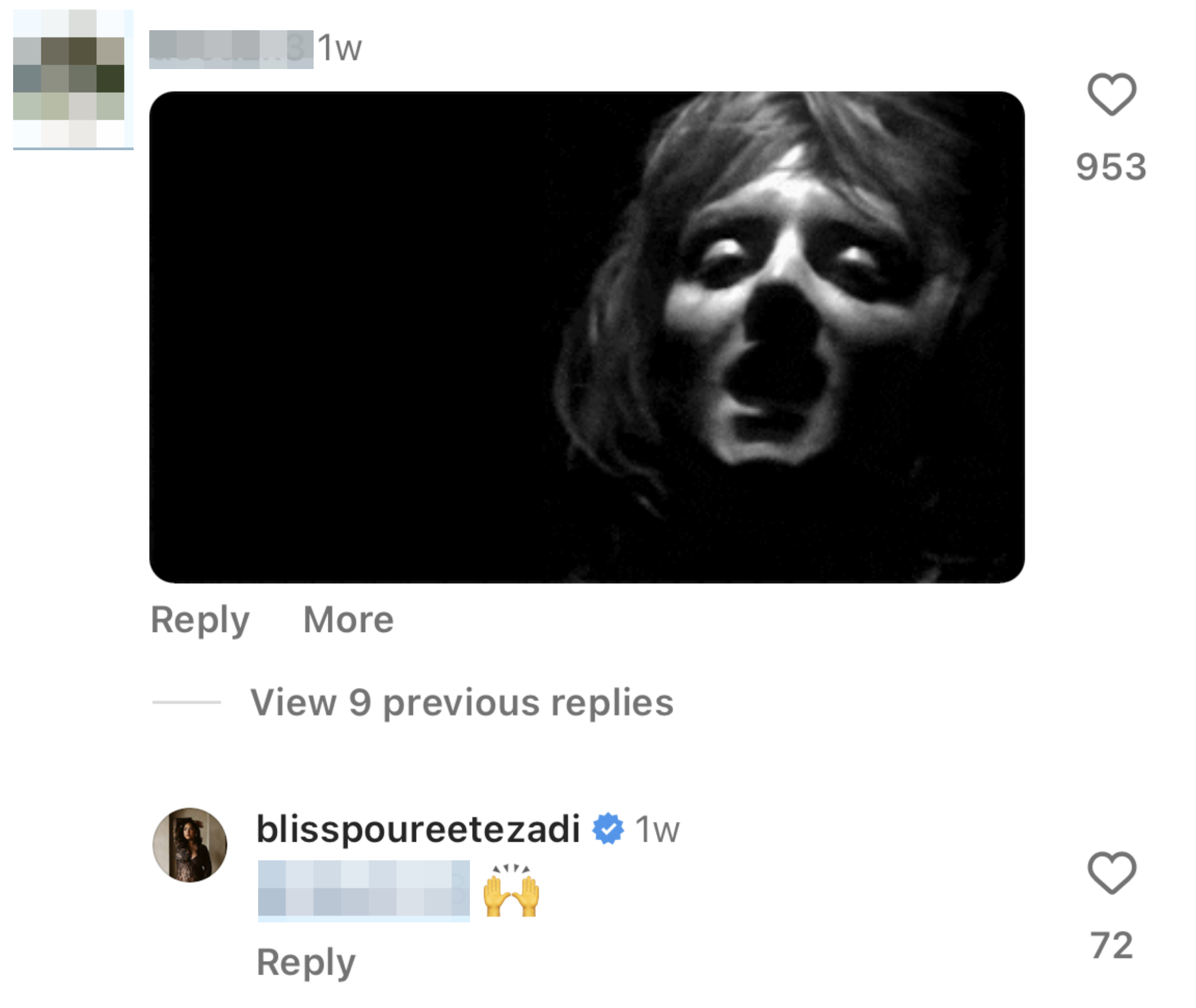 Black and white photo of a person’s face, eyes closed, with dramatic lighting. Comment from blisspoureetezadi replying to deedzx3 with praising hands emoji