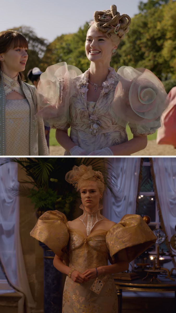 Cressida in two different opulent gowns with large shoulders and complex hairdos