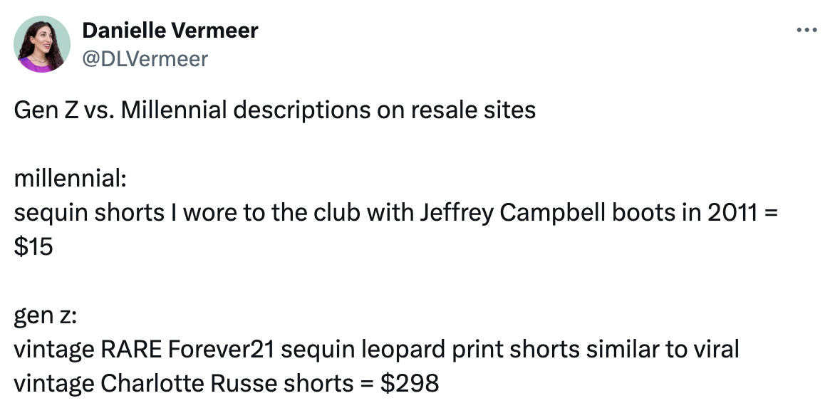Tweet by Danielle Vermeer comparing Gen Z and Millennial resale site descriptions, with humorous examples showing different pricing and item descriptions for shorts