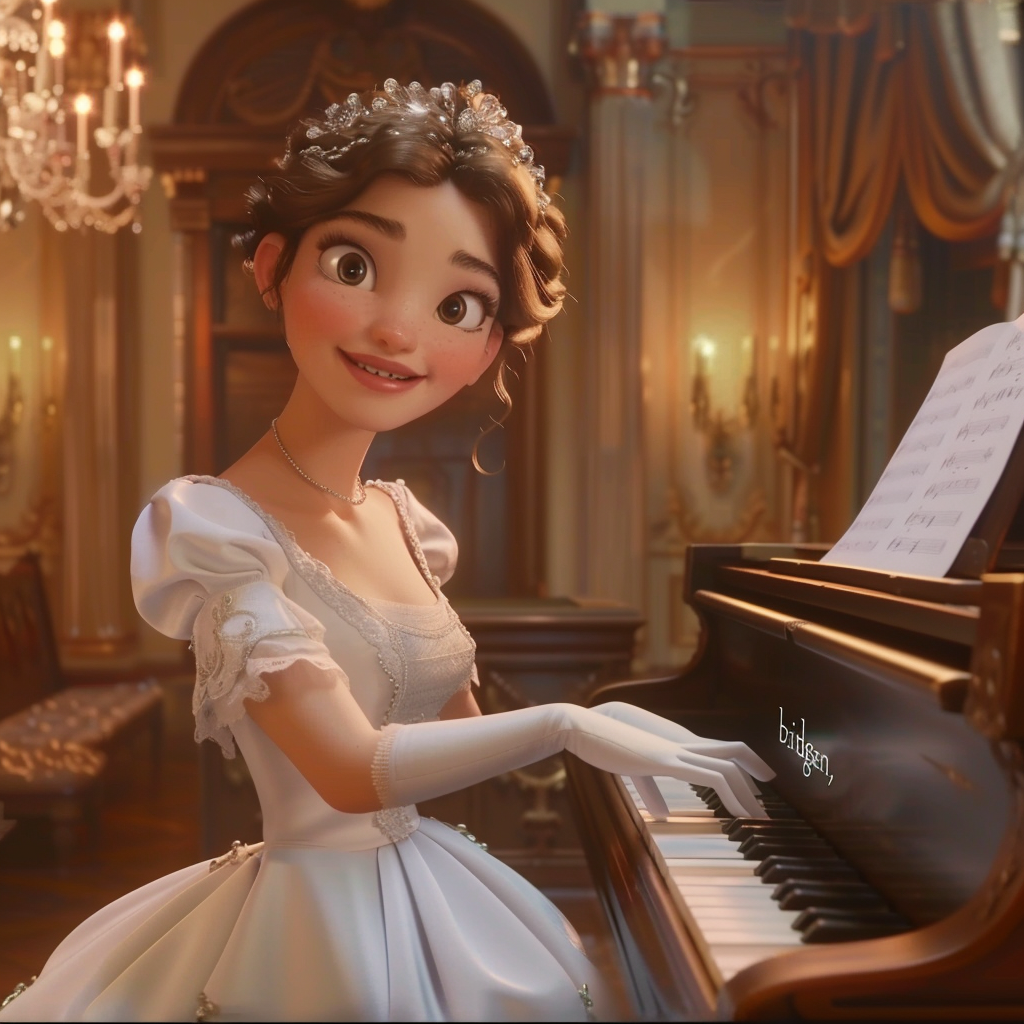 Francesca Bridgerton in Pixar form wearing a classic white ball gown and tiara, seated at a piano with a music sheet in a luxurious, chandelier-lit setting