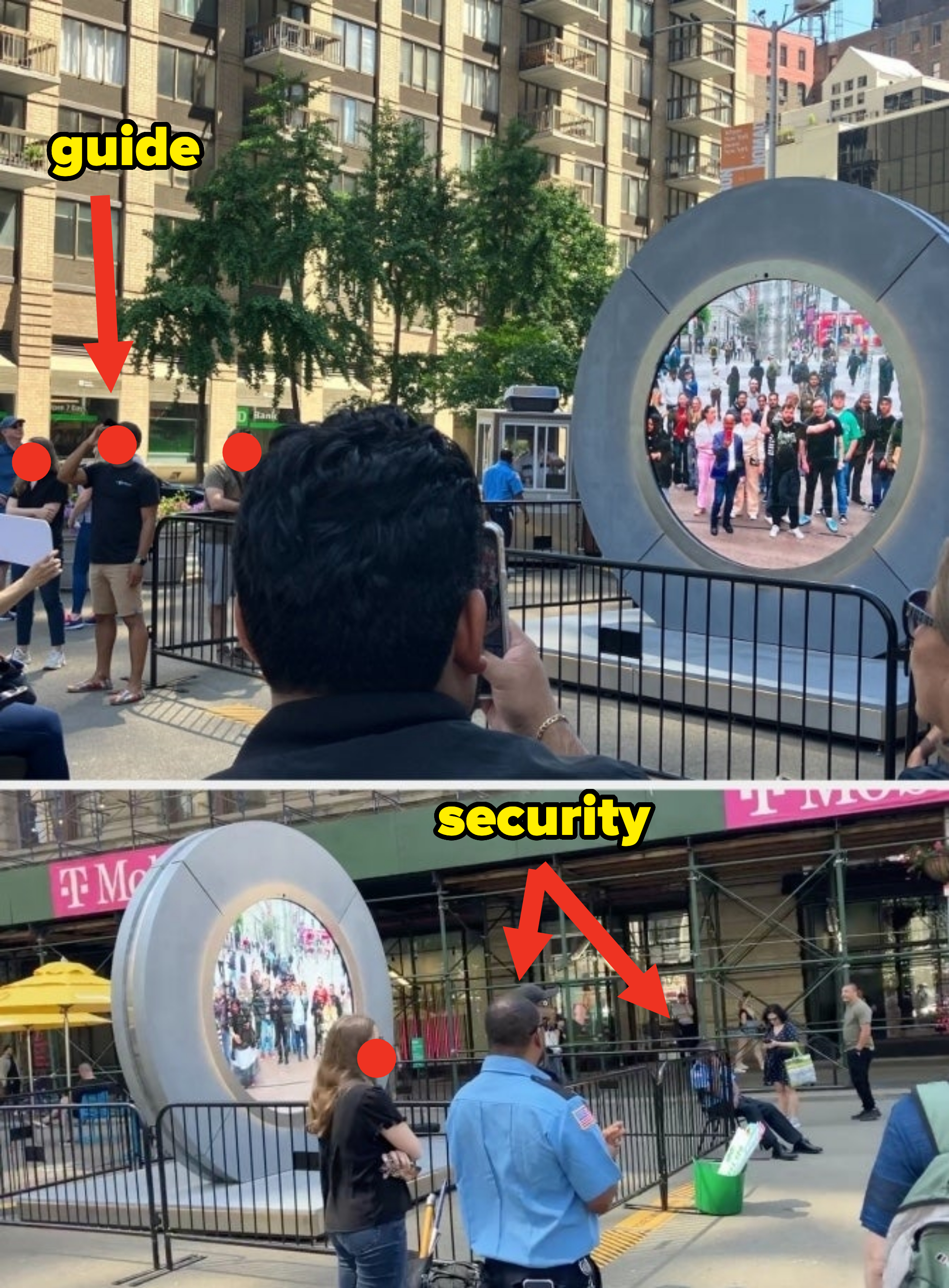 Two photos showcasing a large circular screen on a city street, displaying people from a remote location. Guards and bystanders surround the installation