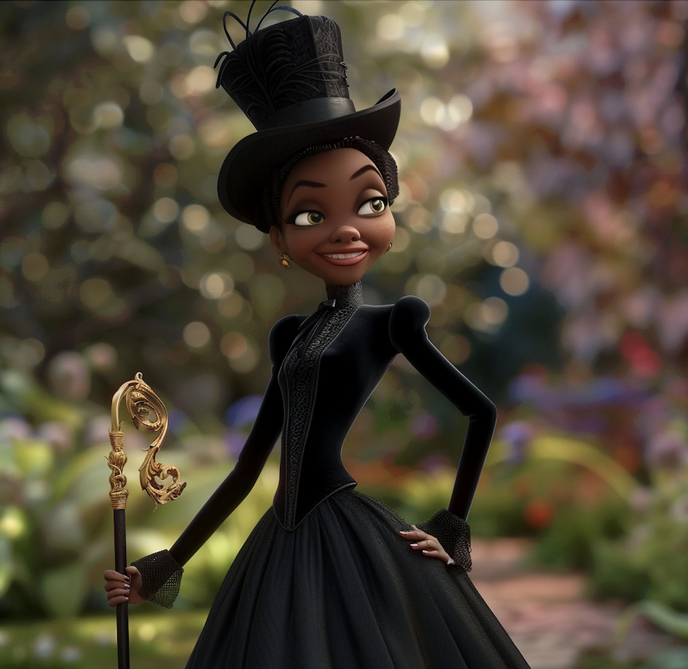 Lady Danbury in Pixar style in a Victorian-style black dress with a matching top hat, holding an ornate gold cane, smiling in a lush garden