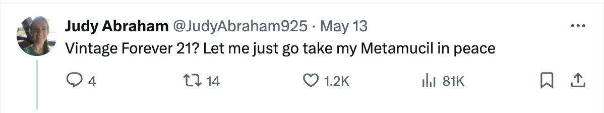 Tweet by Judy Abraham saying, "Vintage Forever 21? Let me just go take my Metamucil in peace."