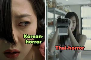 Split image of close-up of woman from Korean horror and another woman in Thai horror holding a Polaroid camera