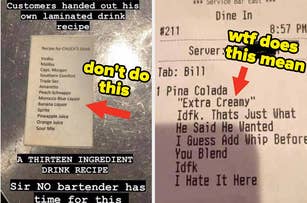 On the left, a laminated drink recipe with the heading "Recipe for CHUCK’S Drink". On the right, a baffling pina colada order described as "extra creamy" with confusing instructions