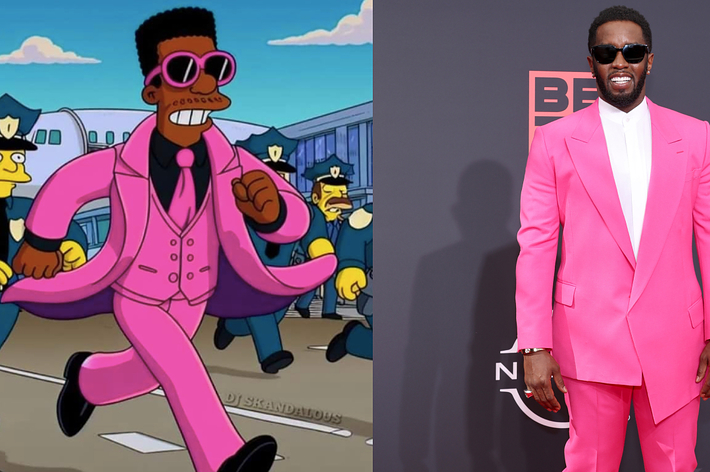 Sean "Diddy" Combs in a pink suit at the BET Awards 2022, juxtaposed with a Simpsons character also in a pink suit