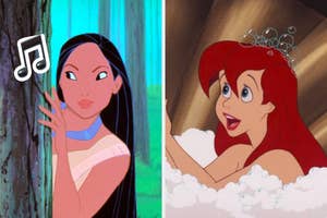Pocahontas peeks from behind a tree with a musical note above her head. Ariel, from The Little Mermaid, is in a bubble bath, looking up and smiling