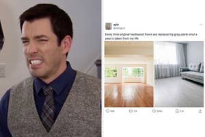 Left: Drew Scott making a puzzled expression. Right: Modern bathroom with vanity and mirror
