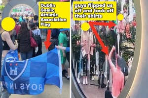 People waving a Dublin Gaelic Athletic Association flag (left) while men in the background are described as taking off their shirts and making rude gestures (right)