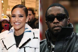 Cassie, left, smiles in a stylish outfit with large hoop earrings, while Sean Combs, right, sports sunglasses and a black leather jacket
