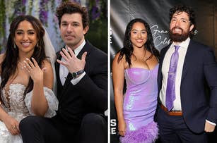 Left: Newlyweds showing their rings. Right: Couple posing at an event