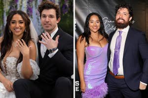 Left: Newlyweds showing their rings. Right: Couple posing at an event