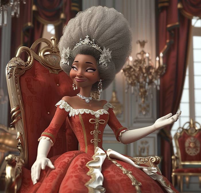 Queen Charlotte in Pixar style in an elegant 18th-century gown with lace details, sits on a throne in a luxurious room