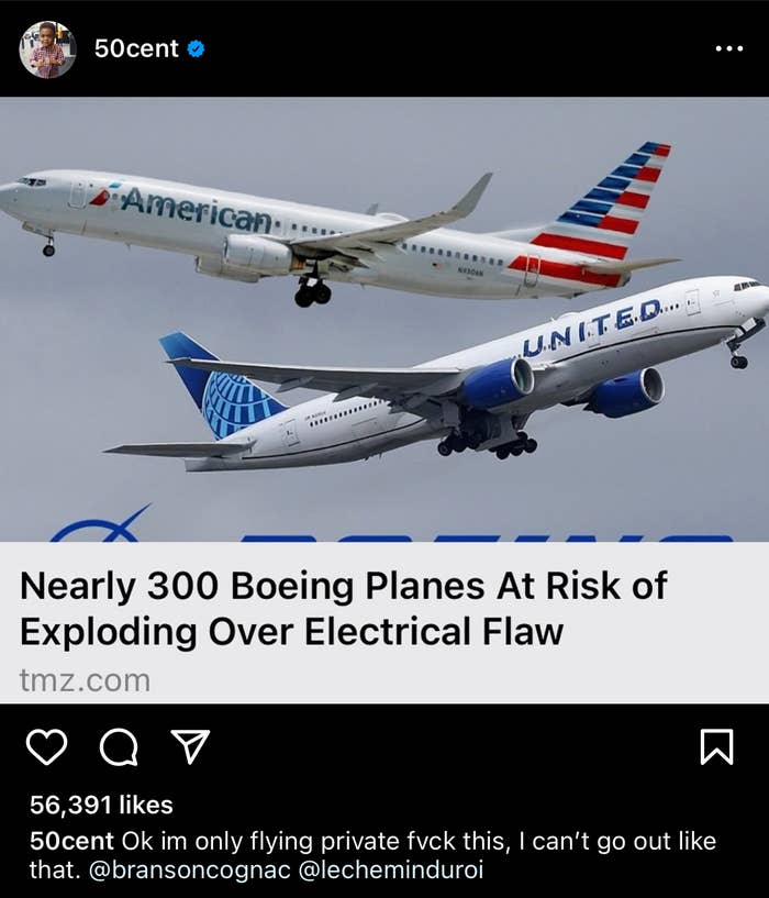 An Instagram post by 50 Cent about Boeing planes at risk due to electrical flaws. The caption mentions only flying private jets