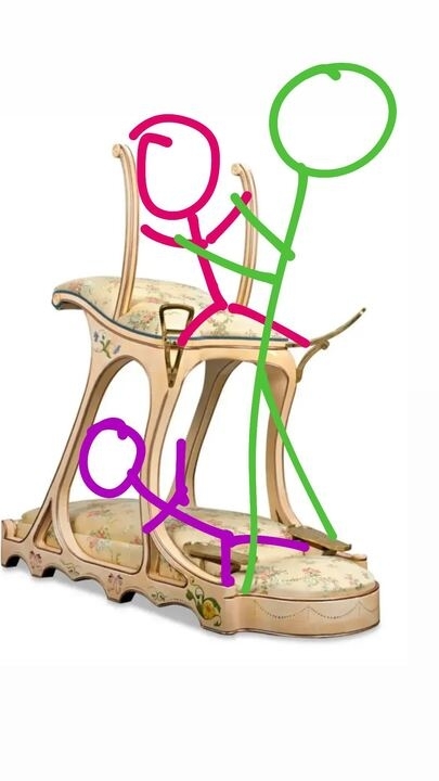 Three stick figures, one seated and two standing on an ornate piece of furniture shaped like two side-by-side chairs with floral cushions