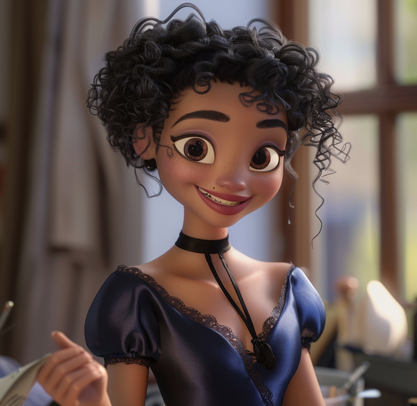 Genevieve from "Bridgerton" in Pixar style with curly hair, wearing a black choker and a dark dress, smiling warmly in a cozy room