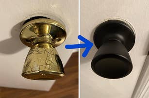 reviewer's scratched up brass doorknob / same doorknob refreshed with black metallic paint