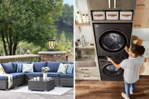 Two side-by-side images: on the left, a person mows the lawn with an Ego lawnmower. On the right, a person operates an LG stacked washer-dryer in a laundry room