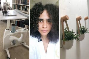 Collage featuring a desk bike, a woman with curly hair, and wall-mounted planters with green plants