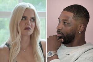 Khloe Kardashian and Tristan Thompson in a candid conversation. Khloe has long blond hair and wears a heart necklace. Tristan sports a trimmed beard and a watch