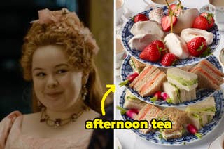 Nicola Coughlan in historical costume with intricate hairstyle and jewelry, smiling at an afternoon tea setup with a variety of sandwiches, strawberries, and desserts